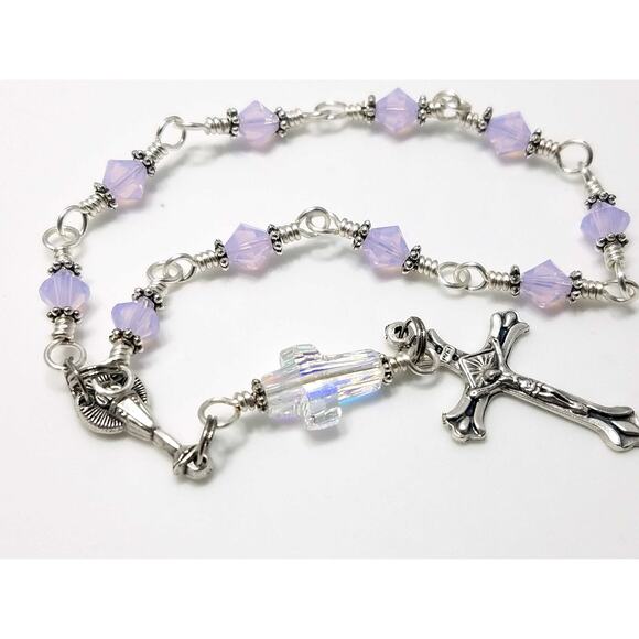 Wire-wrapped Handmade One Decade Rosary, Lilac Opal Crystal Beads - Picture 4 of 10